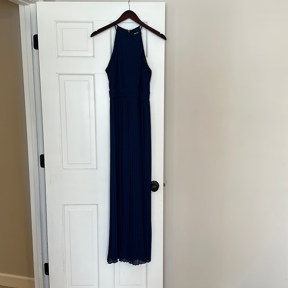 Pleated floor length navy dress